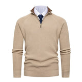 Quarter-Zip Ribbed Sweater with Stand Collar and Contrast Trim