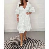 Eyelet Lace Midi Dress with V-Neck and Ruffle Sleeves