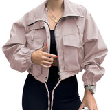 Cropped Zip-Front Utility Jacket with Drawstring and Flap Pockets