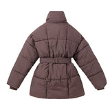 Belted Quilted Puffer Coat with High Collar and Side Pockets