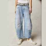 Women's Wide Leg Jeans with High Waist Barrel Leg Design and Cropped Length