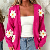 Open-Front Cardigan with Floral Applique and Long Sleeves
