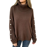 Oversized Turtleneck Sweater with Button Sleeve and Ribbed Trim