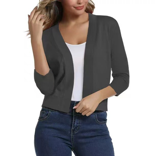 Cropped Open-Front Cardigan with Long Sleeves
