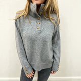 Button-Front Mock Neck Knit Sweater with Long Sleeves