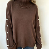 Oversized Turtleneck Sweater with Button Sleeve and Ribbed Trim