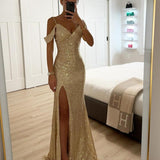 Sequin Mermaid Maxi Dress with Off-Shoulder Straps and Thigh Slit