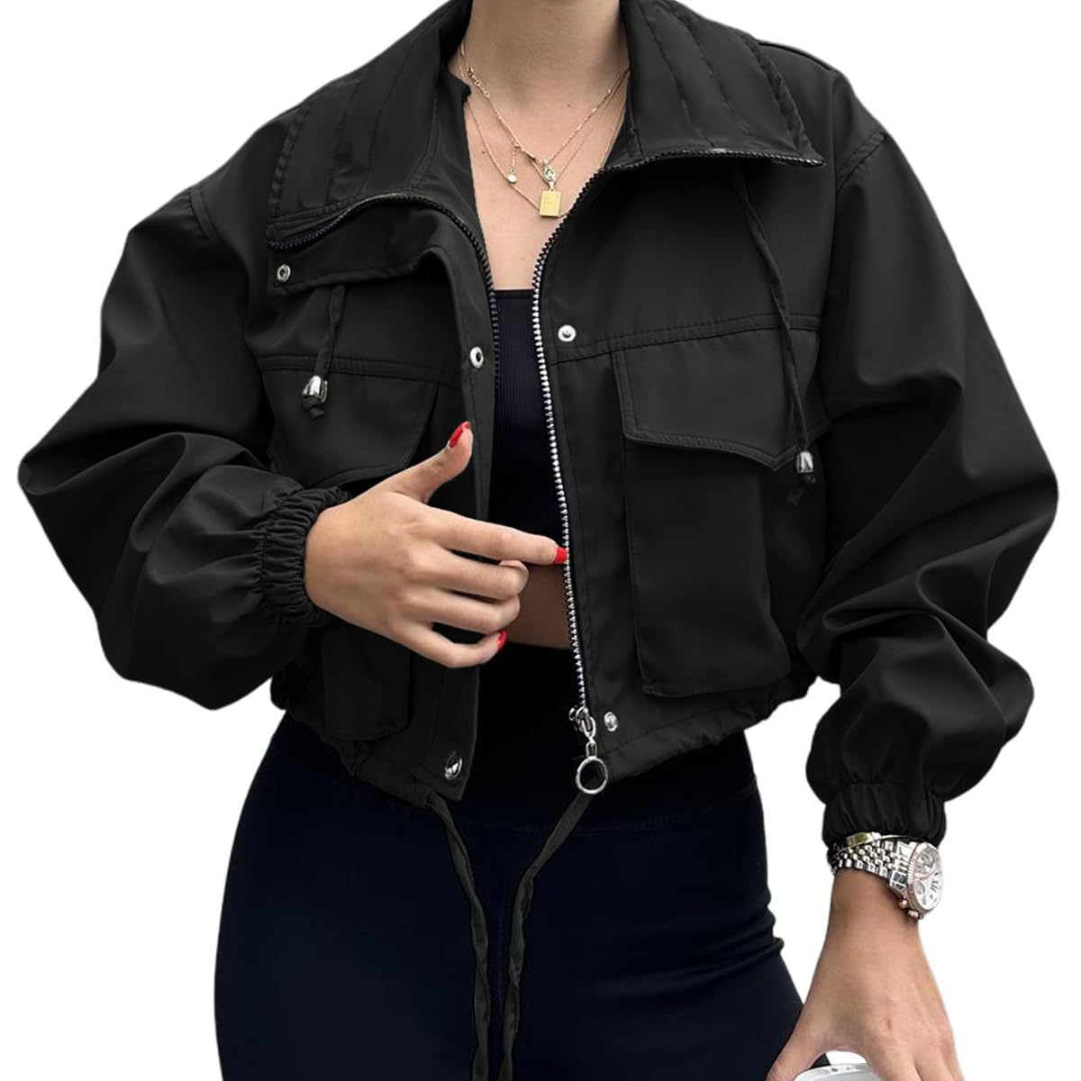 Cropped Zip-Front Utility Jacket with Drawstring and Flap Pockets