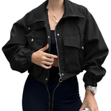 Cropped Zip-Front Utility Jacket with Drawstring and Flap Pockets