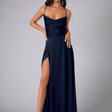 Satin A-Line Maxi Dress with Cowl Neck and Thigh Slit