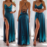 Satin A-Line Maxi Dress with Cowl Neck and Thigh Slit