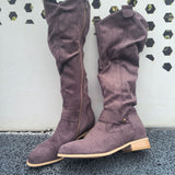 Women's Knee High Boots with Slouchy Shaft and Buckle Strap Detail with Low Block Heel and Side Zipper