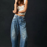 Women's Wide Leg Jeans with High Waist Barrel Leg Design and Cropped Length