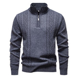Quarter-Zip Cable Knit Sweater with Stand Collar and Ribbed Trim