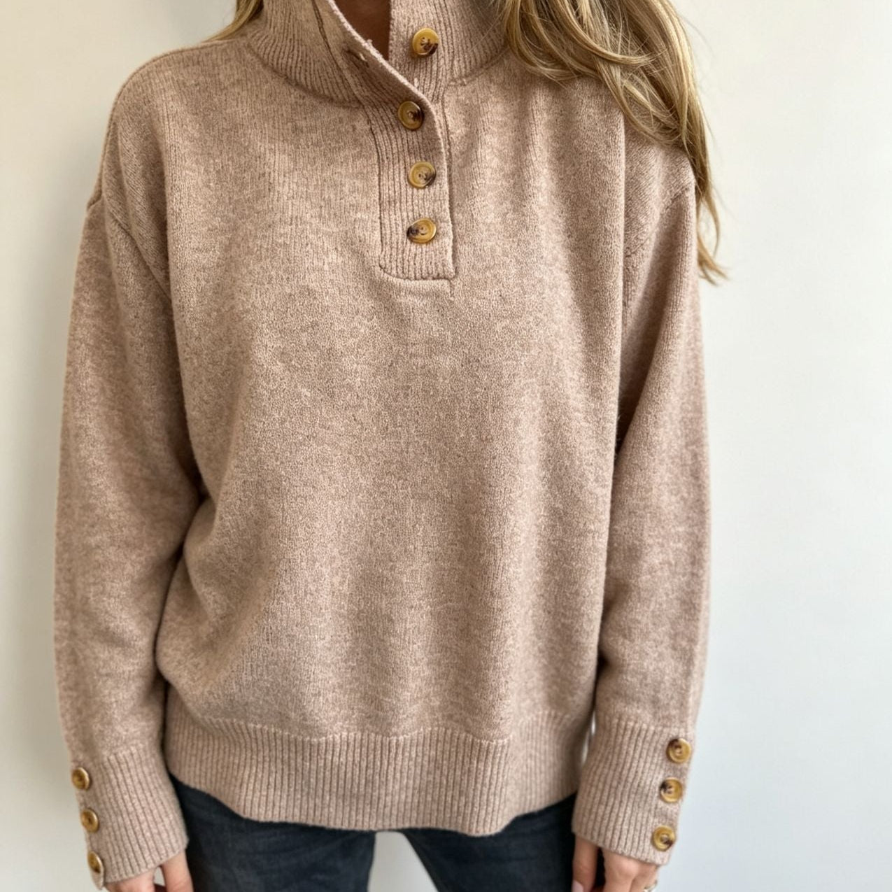 Button-Front Mock Neck Knit Sweater with Long Sleeves
