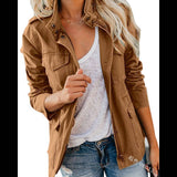 Women's Utility Jacket with Stand Collar Zip Front and Flap Pockets