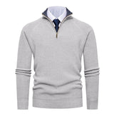 Quarter-Zip Ribbed Sweater with Stand Collar and Contrast Trim