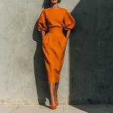 Puff Sleeve Midi Dress with Boat Neck and High Waist