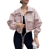 Cropped Zip-Front Utility Jacket with Drawstring and Flap Pockets