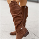 Women's Knee High Boots with Slouchy Shaft and Buckle Strap Detail with Low Block Heel and Side Zipper