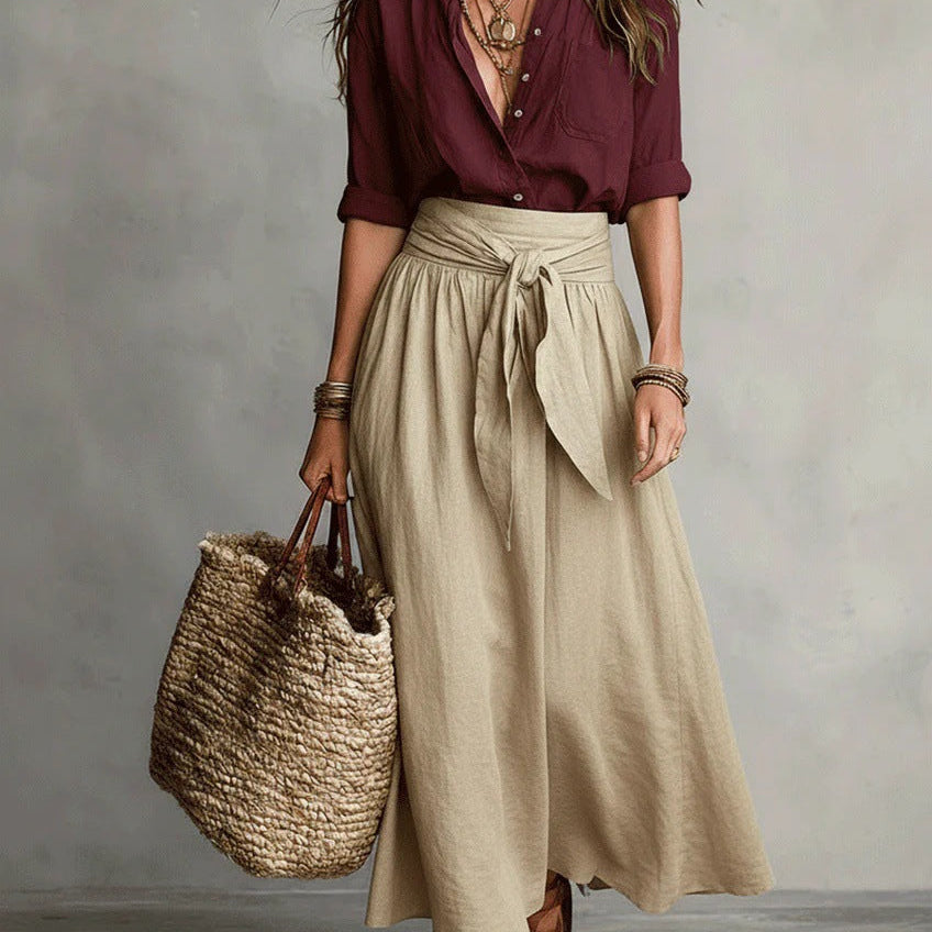 Button-Front Shirt and Maxi Skirt Set with Tie Waist