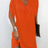 Draped V-Neck Shift Mini Dress with Split Sleeves