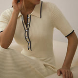 Ribbed Knit Polo Midi Dress with Contrast Trim