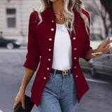 Women's Button Front Blazer with Stand Collar and Three Quarter Sleeves