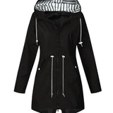 Women's Hooded Rain Jacket with Longline Zip Front and Striped Hood Lining with Adjustable Drawstring Waist