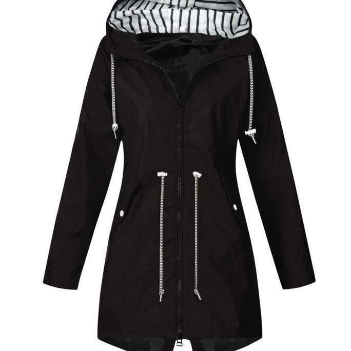 Women's Hooded Rain Jacket with Longline Zip Front and Striped Hood Lining with Adjustable Drawstring Waist