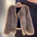 Cropped Faux Fur Jacket with Buckle Strap and V-Neck