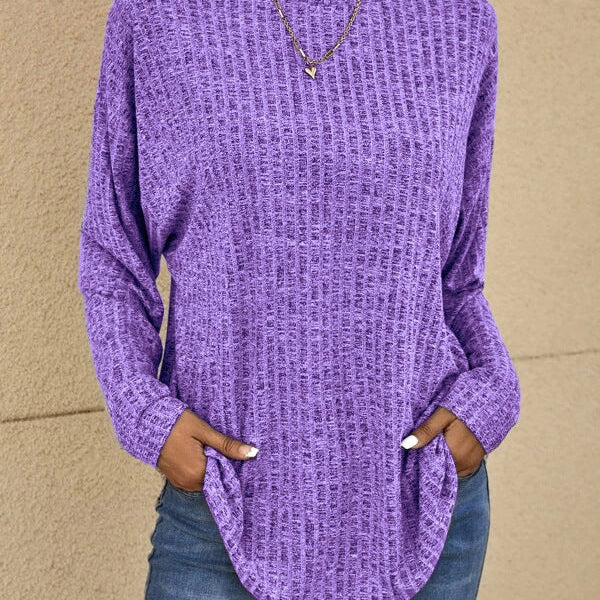 Textured Knit Crew Neck Sweater with Curved Hem