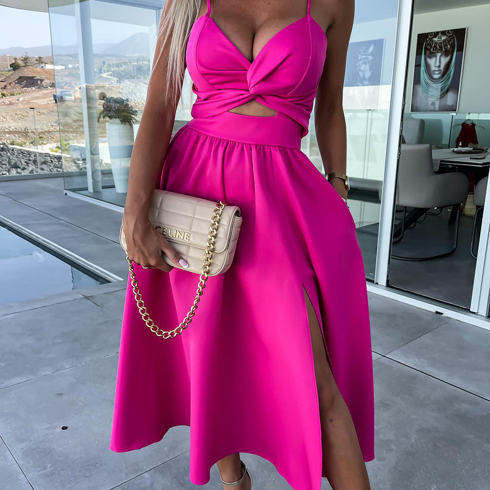 Cutout A-Line Midi Dress with Twist Front and Thigh Slit