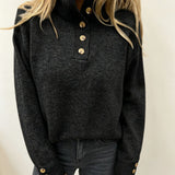 Button-Front Mock Neck Knit Sweater with Long Sleeves