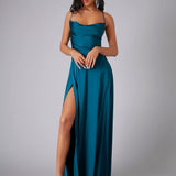Satin A-Line Maxi Dress with Cowl Neck and Thigh Slit