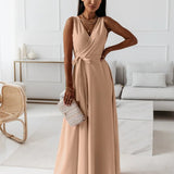 Draped V-Neck Wrap Maxi Dress with Tie Waist