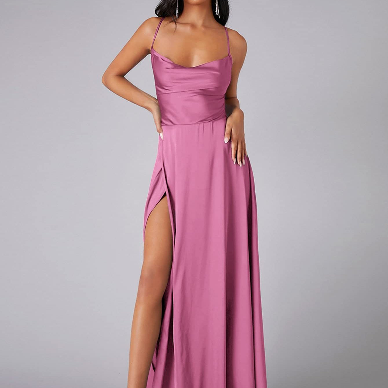 Satin A-Line Maxi Dress with Cowl Neck and Thigh Slit