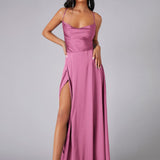 Satin A-Line Maxi Dress with Cowl Neck and Thigh Slit