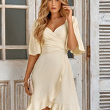 Wrap Mini Dress with Ruffle Hem and Flutter Sleeve