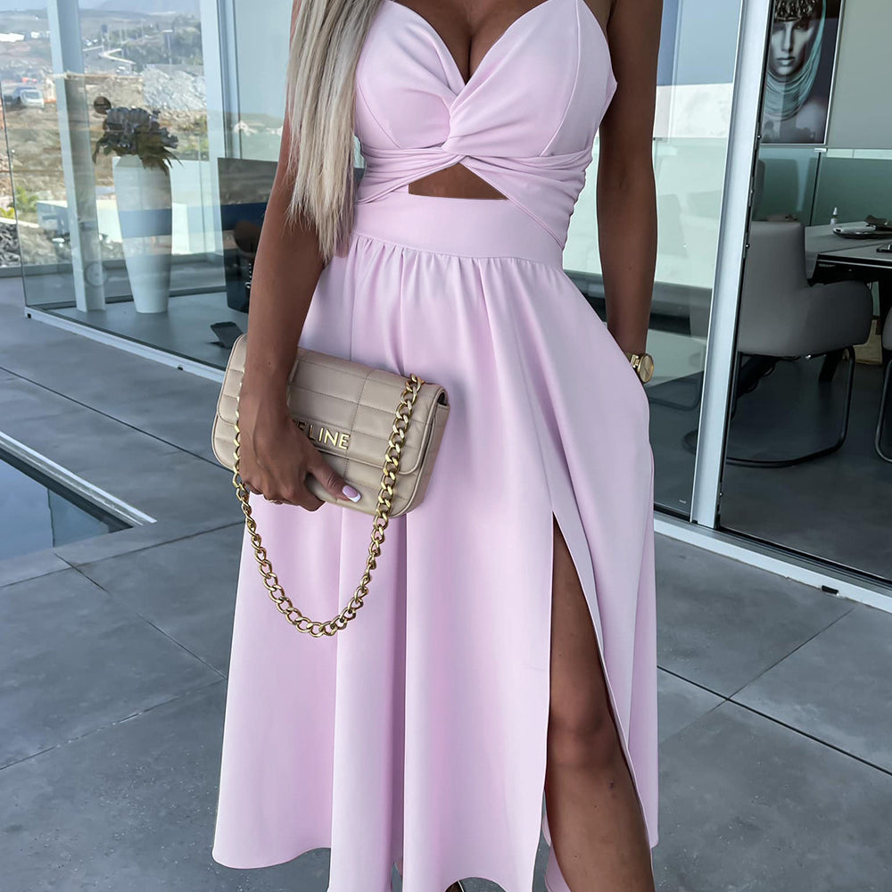 Cutout A-Line Midi Dress with Twist Front and Thigh Slit