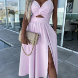Cutout A-Line Midi Dress with Twist Front and Thigh Slit