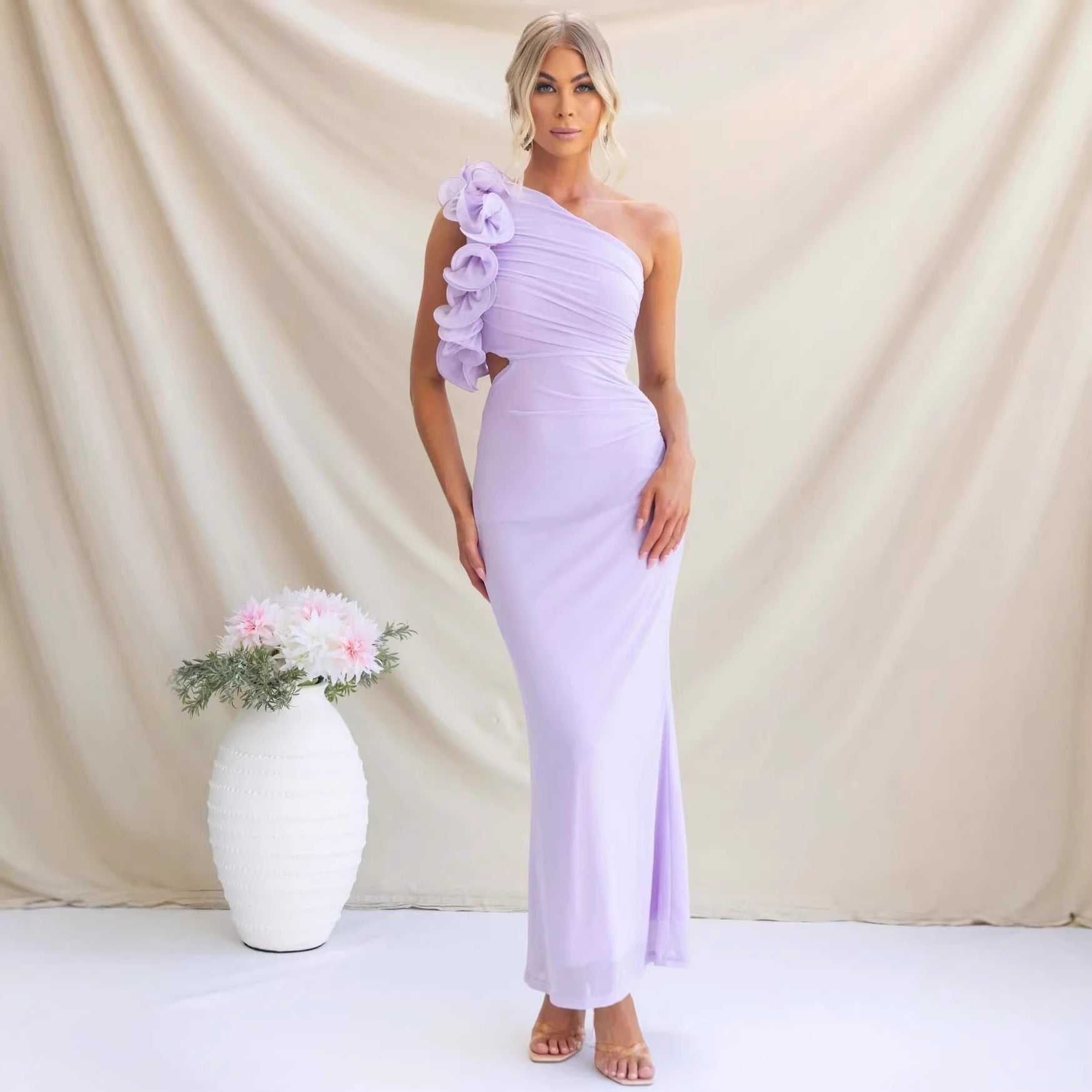 One-Shoulder Ruffle Maxi Dress with Cut-Out Waist