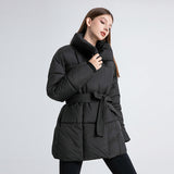 Belted Quilted Puffer Coat with High Collar and Side Pockets