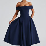 Off-Shoulder A-Line Pleated Midi Dress