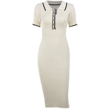 Ribbed Knit Polo Midi Dress with Contrast Trim