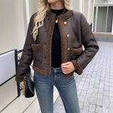 Cropped Sherpa Trim Jacket with Button-Front and Patch Pockets