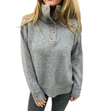Button-Front Mock Neck Knit Sweater with Long Sleeves