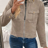Cropped Suede Jacket with Zip-Front and Flap Pockets