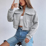 Cropped Zip-Front Bomber Jacket with Stand Collar and Flap Pockets
