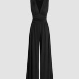 Wide-Leg Jumpsuit with V-Neck and Ruched Waist